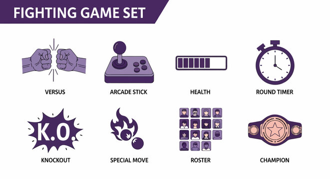 A set of eight purple and white icons representing fighting game elements