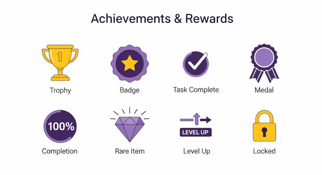 Eight icons illustrating achievements and rewards including a trophy and badge