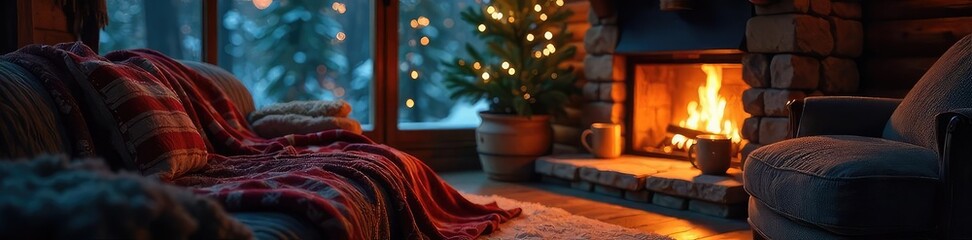 Cozy cabin scene bathed in the warm glow of a fireplace, blankets and mugs adding to the inviting atmosphere of a Canadian night , trees, ambiance