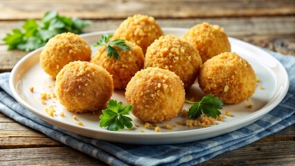 Golden Arancini Rice Balls on a Rustic Plate for Food Blogs, Appetizer Menus, Italian Cuisine Websites, and Social Media Food Content
