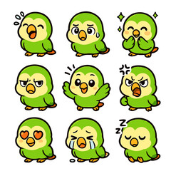 Obraz premium A set of cute anime parrots illustrations doing different activities with different expressions.Stickers or badges. Peach-faced Lovebird