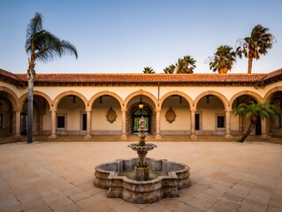 Fototapeta premium Historic spanish colonial courtyard with fountain and palm trees