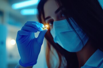 Female scientist in mask and blue gloves examining a glowing object in laboratory. Concept of scientific research, pharmaceuticals and high technology with focus on precision