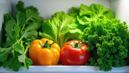 Crisp, fresh green vegetables stored in a refrigerator crisper drawer, ready to be used in a healthy meal Maintain freshness and prolong the life of your produce , colorful, leaf