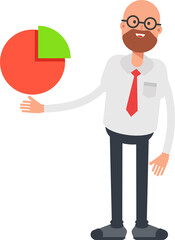 Bald Businessman Character Holding Pie Chart
