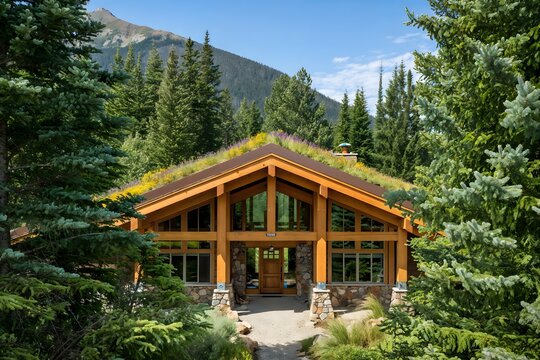 Rustic wooden lodge nestled amongst tall pine trees with a green roof
