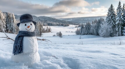 Happy snowman amid a pristine winter panorama with wide copy space for messaging