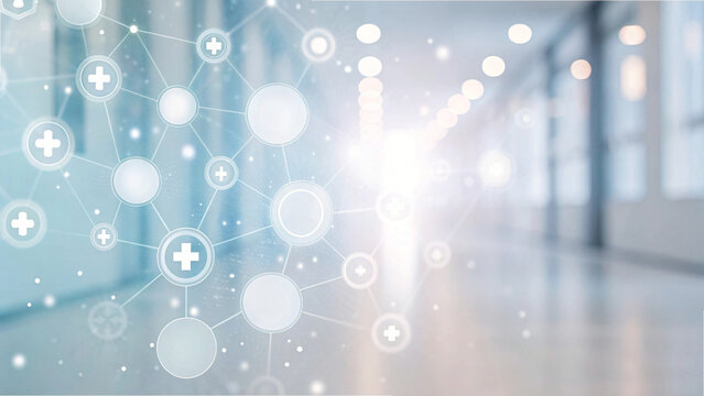 Abstract blue glow background with bright circle bokeh and data pattern for hospital design - Powered by Adobe