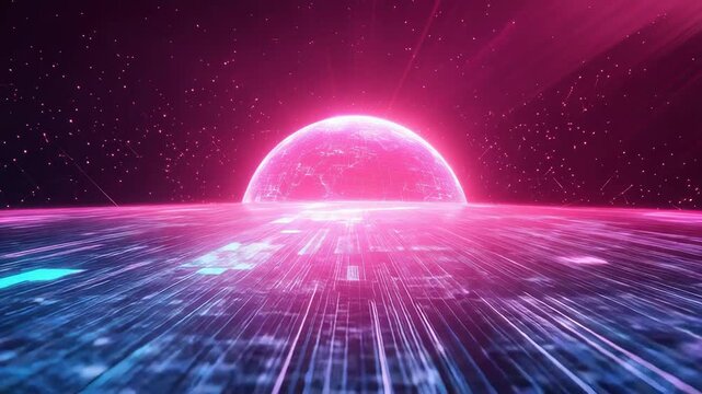Digital sunrise creating futuristic neon data network landscape
