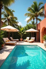 Fototapeta premium Exclusive VIP summer lounge area with luxurious sunbeds, pristine pool, and vibrant tropical decor Enjoy the ultimate in summer relaxation and opulence , water, exclusive
