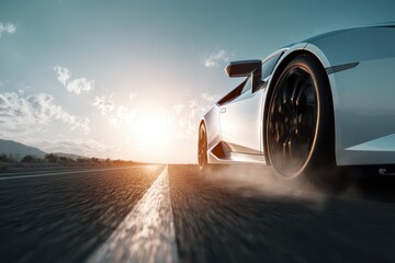 High-speed daytime drive: white car blur across open asphalt highway