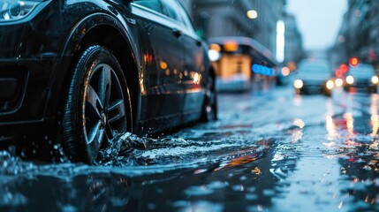 A black car drives through a flooded street during rain. Water splashes around the tires. City buildings are blurred in the background.