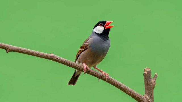 Close-up Java sparrow resting on branch against vibrant green screen backdrop for easy isolation in photo and video editing