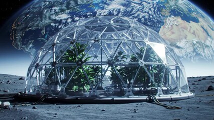 A geodesic dome greenhouse sits on a lunar surface with Earth visible in the background - Powered by Adobe