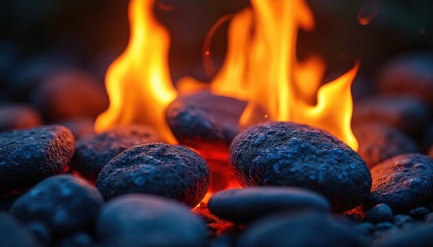 Dark grey stones with vibrant orange flames. Fire burns among black rocks. Bright flames on dark stones. Closeup view of burning fire on black rocks at night.