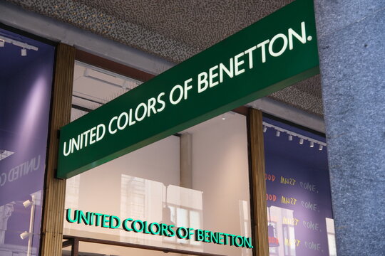 Milan,Italy-Sep.29th 2025: United Colors of Benetton (UCB) brand logo store sign