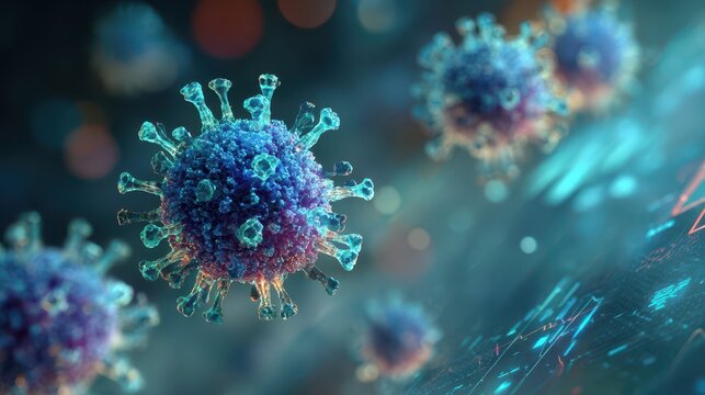 Illustration of microscopic virus particles floating in a glowing health outbreak banner