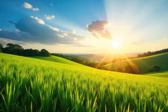 Golden hour sunlight bathes a vibrant summer landscape, illuminating lush green fields and a clear blue sky Perfect for travel, vacation, or seasonal themes , optimism, wheat, countryside