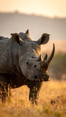 Fototapeta premium A large, grey-skinned rhino with a prominent horn stands in a sunlit field, a bird perched on its back. Golden light bathes the scene