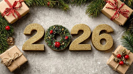 Luxurious "2026" design in gold on a light gray marble background with Christmas wreaths and gift boxes, enclosed in a gold frame. Professional wide-angle flat lay photography for brand New Year campa