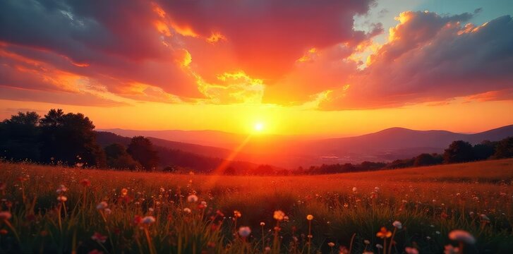 Golden hour sunrise paints the sky in vibrant hues, casting long shadows across a tranquil landscape, perfect for a serene and uplifting radio broadcast theme ,  horizon,  element