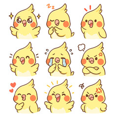 A set of cute anime parrots illustrations doing different activities with different expressions.Stickers or badges. Cockatiel
