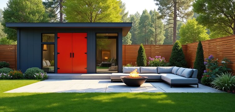 Modern backyard retreat shows grey garden shed with bold red doors. Spacious patio area comfortable L-shaped grey sofa, glowing fire pit. Green lawn, wooden privacy fence, various plants create