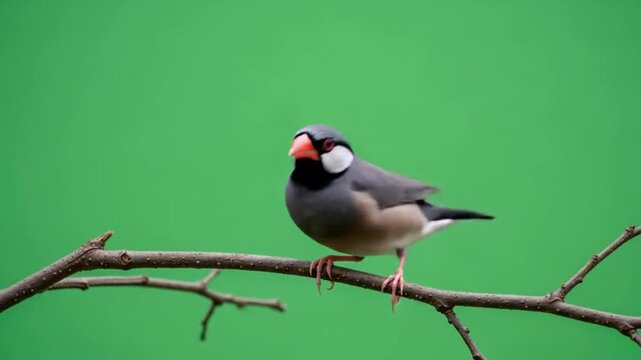 Elegant Java sparrow on tree branch with solid green screen backdrop perfect for transparent background replacement workflows