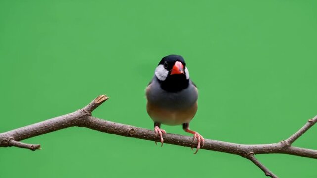 Wild Java sparrow perched calmly on branch with uniform green screen background for effortless removal and creative editing