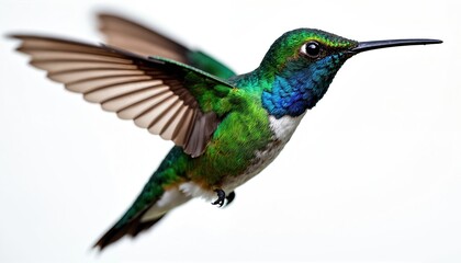 Fototapeta premium Vibrant green hummingbird flies with outstretched wings. Tiny bird hovers in mid air, showing iridescent blue feathers on head, chest. Long black beak points forward for nectar. Exotic wild creature