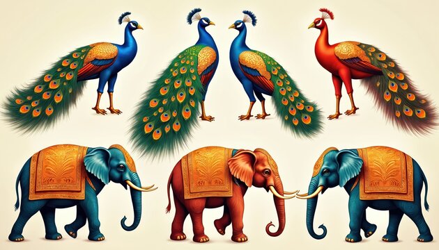 Indian themed decorative design features vibrant set of peacocks, elephants. Blue, red birds display ornate tail feathers, fan-like. Ornate elephants wear golden blankets, walking. Animals perfect