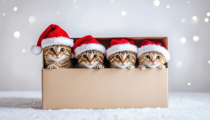 Playful kittens in christmas hats cozy indoor setting cute animal photography festive atmosphere close-up view holiday cheer