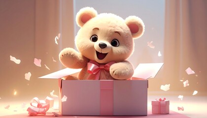 A cute, plush teddy bear pops out of a pastel pink gift box, arms raised in greeting, surrounded by confetti and soft light