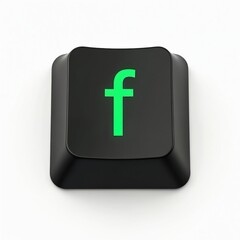 Fototapeta premium Black computer keyboard key with bright green glowing letter F. Single tech button stands out on clean white background. Represents modern digital interface elements, gaming hardware, crucial input
