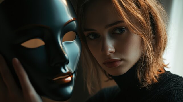 A woman gazes at an elegant black mask. The mask is detailed, symbolizing mystery and identity. A moment captured in soft light.