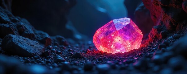 Mysterious glowing stone emitting ethereal light in dark cave, illuminating crystals and rough textures  Perfect for fantasy, magic, occult, and mystical themes ,  ancient,  phosphorescence