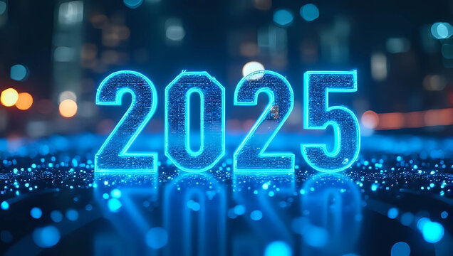 Glowing blue "2025" numbers on digital circuit board surface, futuristic city skyline at night - technology, happy new year celebration, holiday, new beginning, start