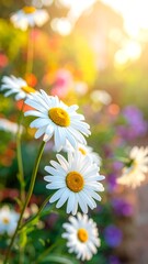 Close-up of bright white and yellow flowers in sunlight