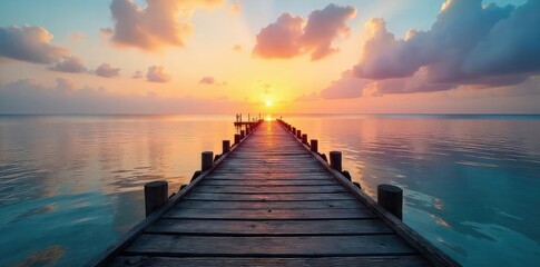 Obraz premium Rustic wooden pier stretches out over calm ocean water at sunset, creating a tranquil and picturesque scene Ideal for travel, vacation, or coastal themed projects , plank, yellow