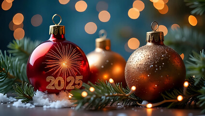"2025" numbers on red bauble, christmas ornament, decorations, winter snow, pine branches, festive lights - Christmas celebration, happy new year, new beginning, start