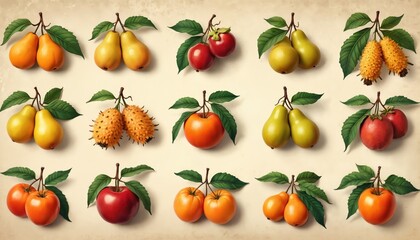 A vintage botanical illustration shows a collection of assorted fruits on old paper. This colorful painted set includes apple, pear, and exotic species. The art presents fresh healthy food for decor.
