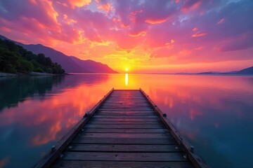 Obraz premium Serene docked shoreline at sunset, calm water reflecting the vibrant sky Ideal for travel, nature, and relaxation themes , spring, reflection