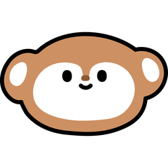 Simple brown cartoon monkey face with white inner ears and black eyes and a smile isolated on a transparent background