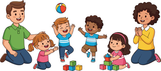Happy children playing with blocks and ball, joyful preschool activity, diverse kids learning through play, daycare fun, teacher interaction, early childhood development