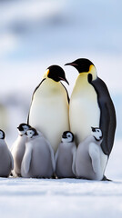 Fototapeta premium Emperor penguin family standing on snow with chicks huddled together. 