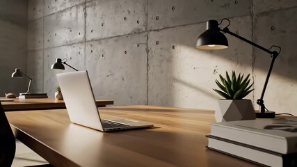 Modern office workspace with two desks featuring sleek laptops and comfortable chairs, capturing the collaborative concept of contemporary work environments and technological innovation.