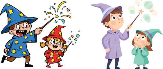 Cartoon wizards, kids with magic wands, fantasy play, spell casting, colorful effects, pastel style, imaginative scene, magical illustration, childhood fun