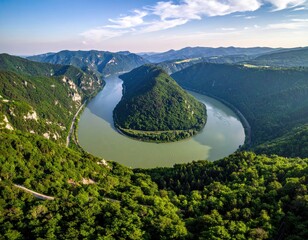 River bends through green hills, valley panorama view