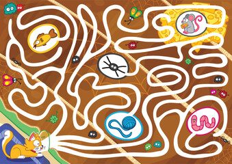 Cute Cat Maze for Kids with Mouse, Cheese, and Yarn, Hand Drawn 