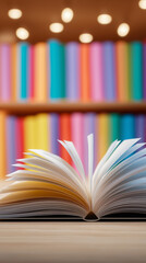 Open book on wooden table with colorful blurred bookshelves in background.
